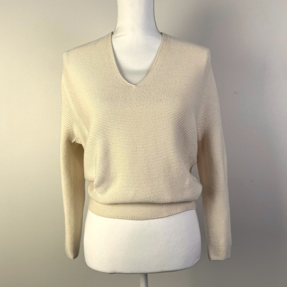 Uniqlo‎ V-Neck Knit Minimalist Sweater Cropped Pullover Cotton Blend Beige XS - Picture 1 of 5